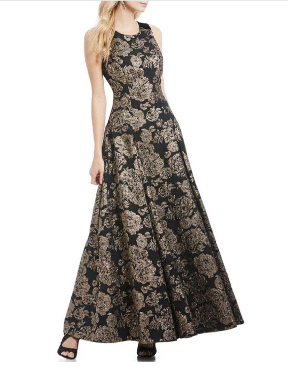 Eliza J Black and Gold Floral Maxi Dress NWT